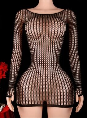 Sheer Scoop Neck Long Sleeve Circular Fishnet Bodycon Mini Dress Cover-up (XS-M)